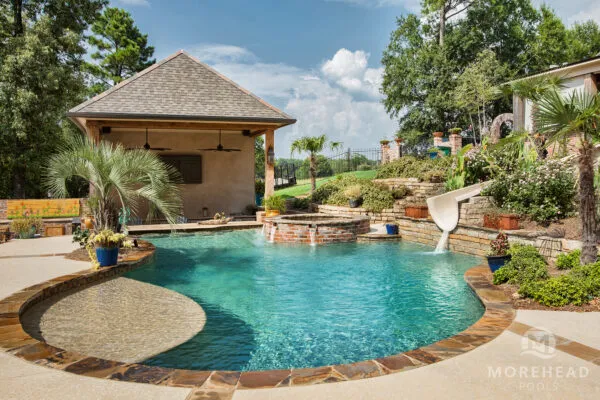 Luxury pool with slide, tanning ledge and home spa