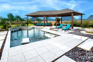 Luxury pool with fire features and outdoor living