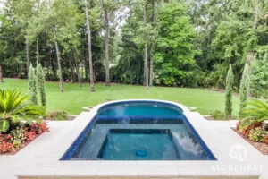 Geometric pool overlooking backyard
