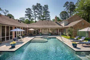 Geometric swimming pool with custom spa and basketball hoop