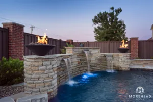 Fire features and waterfall feature for swimming pool