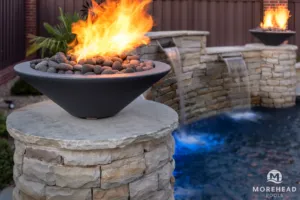 Close up of fire features around swimming pool