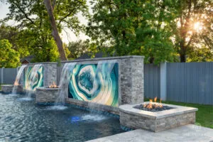 fire feature next to water feature | Morehead Pools